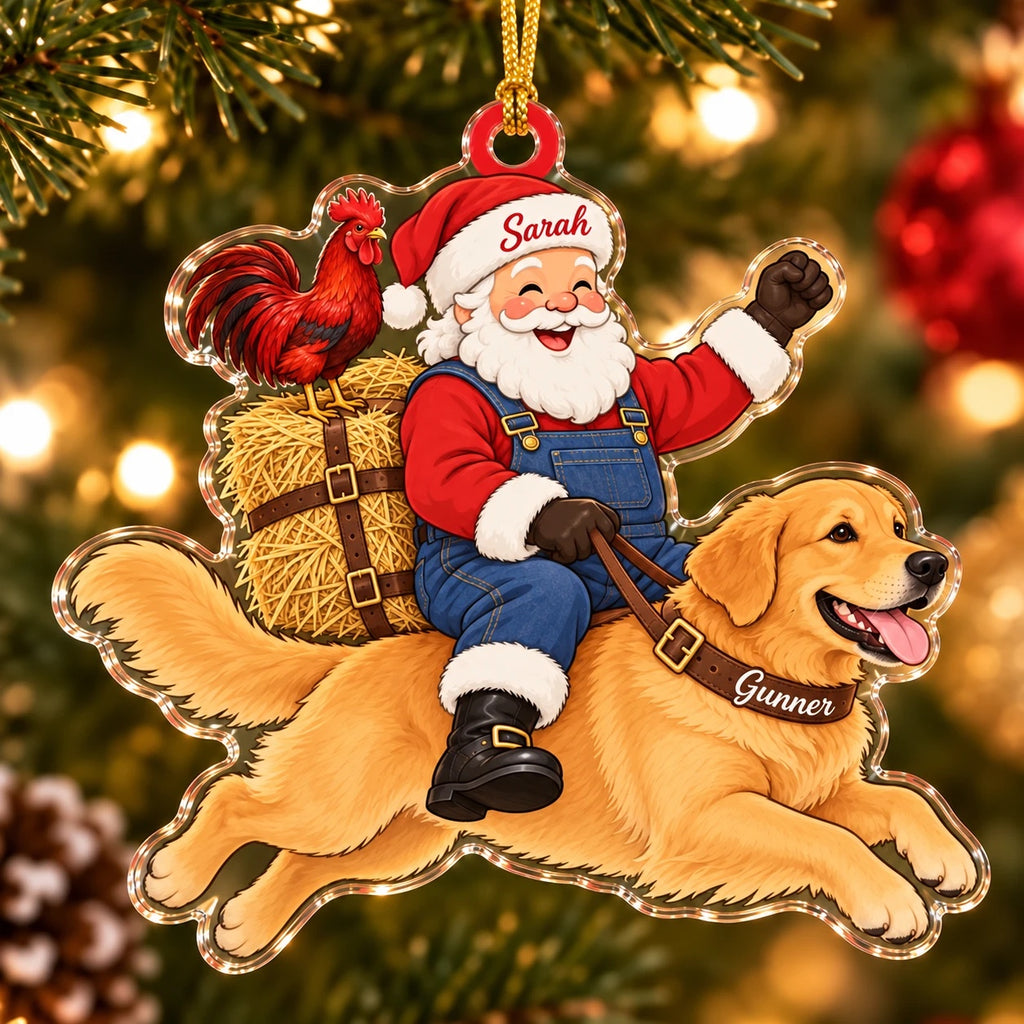 Acrylic ornament of Santa in denim overalls with a hay bale and a red rooster, riding a leaping Golden Retriever, names on his hat and the dog's collar