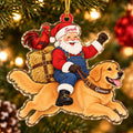 Acrylic ornament of Santa in denim overalls with a hay bale and a red rooster, riding a leaping Golden Retriever, names on his hat and the dog's collar