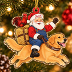 Acrylic ornament of Santa in denim overalls with a hay bale and a red rooster, riding a leaping Golden Retriever, names on his hat and the dog's collar