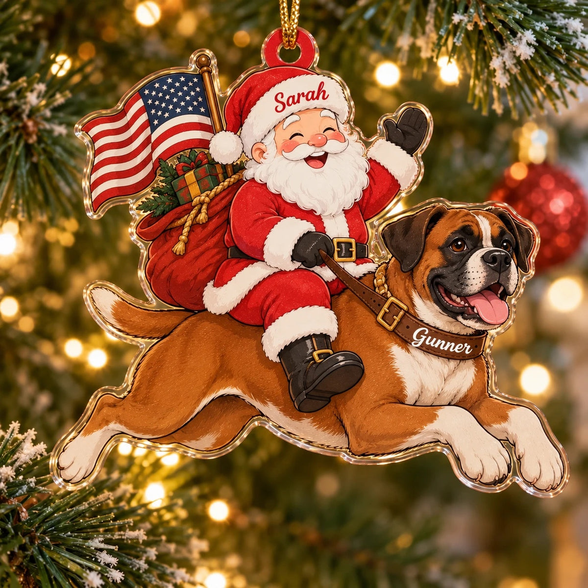 Acrylic ornament of Santa with a gift sack and an American flag, riding a leaping Boxer, names on his hat and the dog's collar