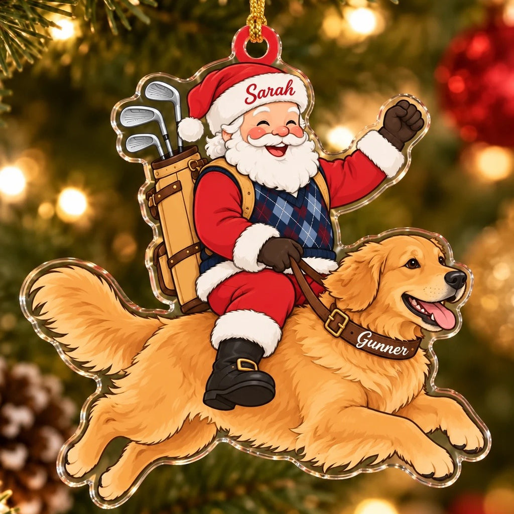 Acrylic ornament of Santa in an argyle vest with a golf bag, riding a leaping Golden Retriever, names on his hat and the dog's collar