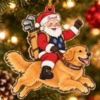 Acrylic ornament of Santa in an argyle vest with a golf bag, riding a leaping Golden Retriever, names on his hat and the dog's collar