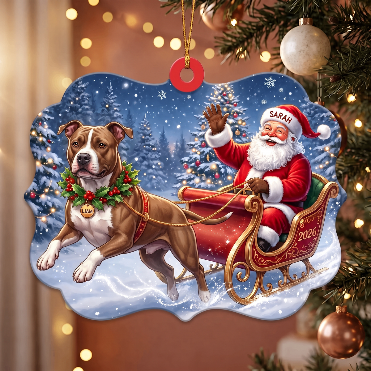 Custom Pet Ornament – Santa's Sleigh, Dual Name Personalization
