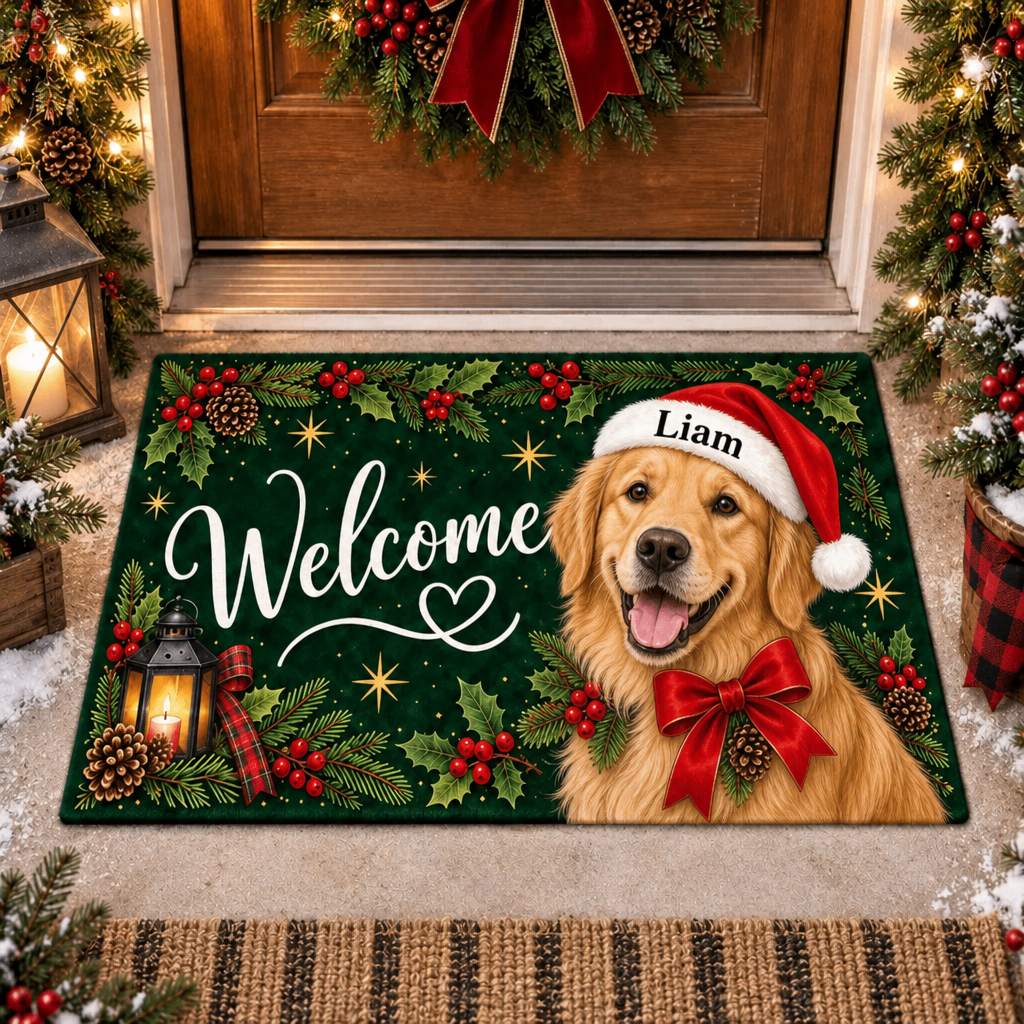 Custom Name Dog Doormat, Santa Hat Welcome Mat