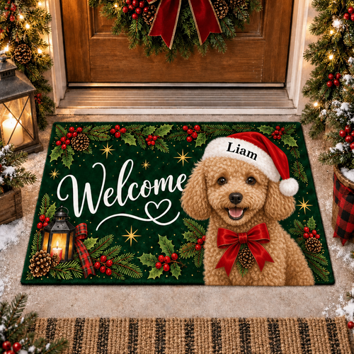 Custom Name Dog Doormat, Santa Hat Welcome Mat