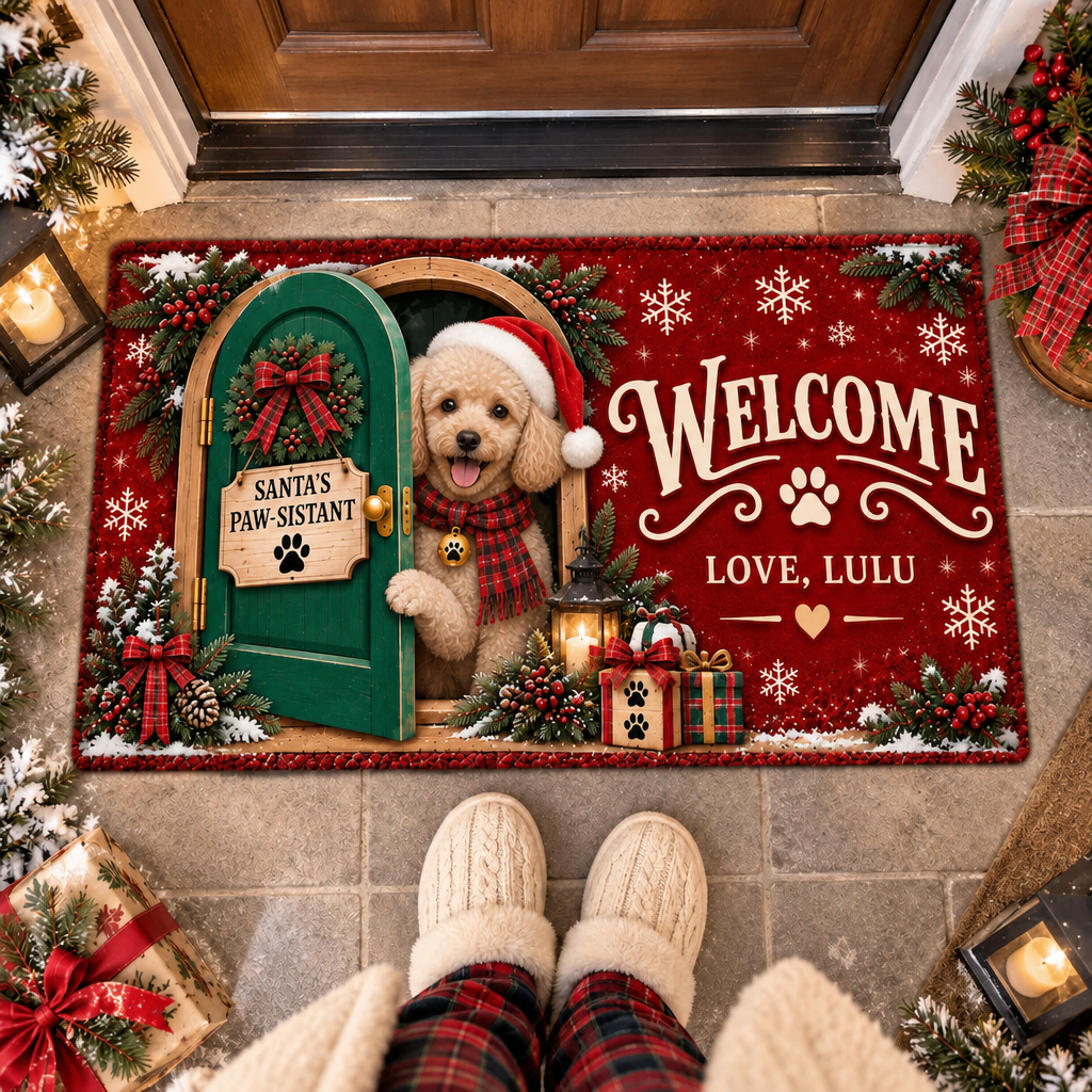 Personalized Dog Doormat – Santa's Paw-sistant, Custom Name