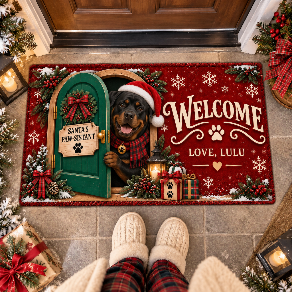 Personalized Dog Doormat – Santa's Paw-sistant, Custom Name