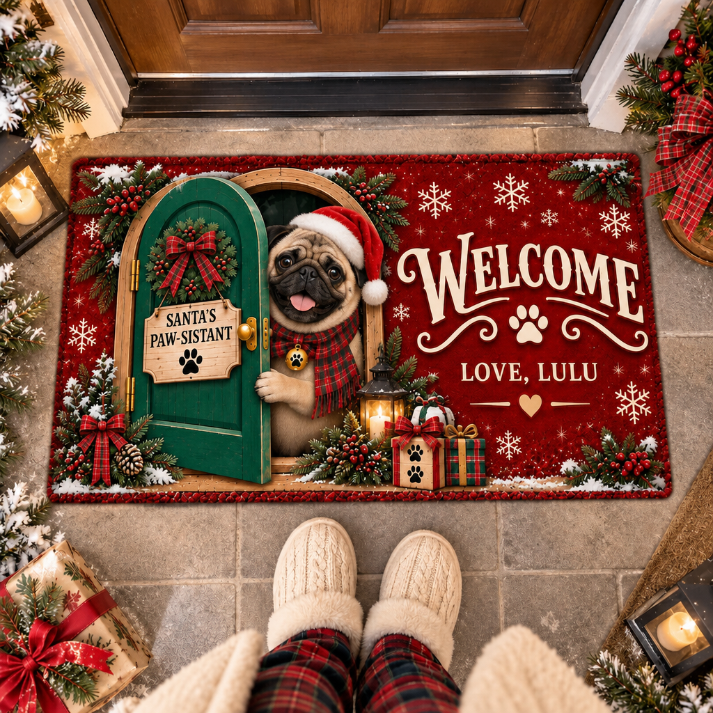 Personalized Dog Doormat – Santa's Paw-sistant, Custom Name