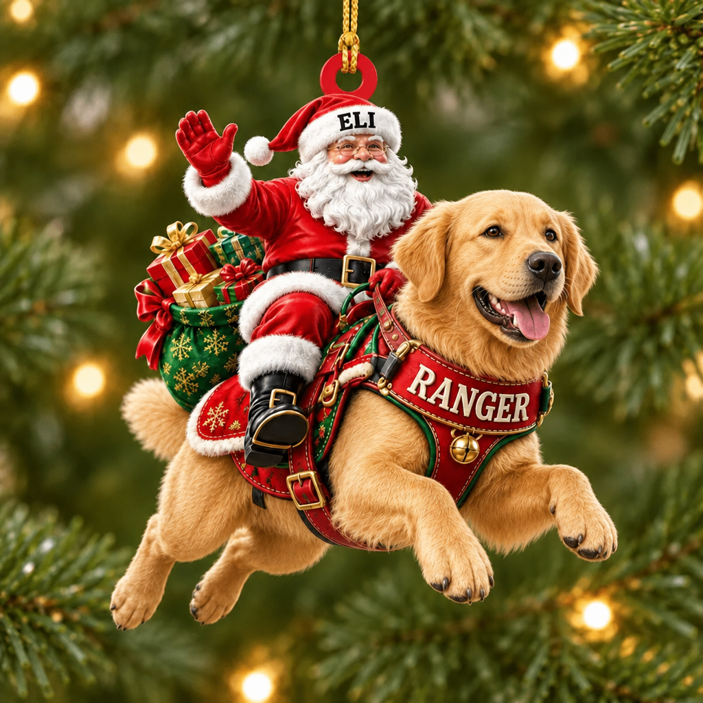 Flying High With Santa – Custom Name Dog Ornament