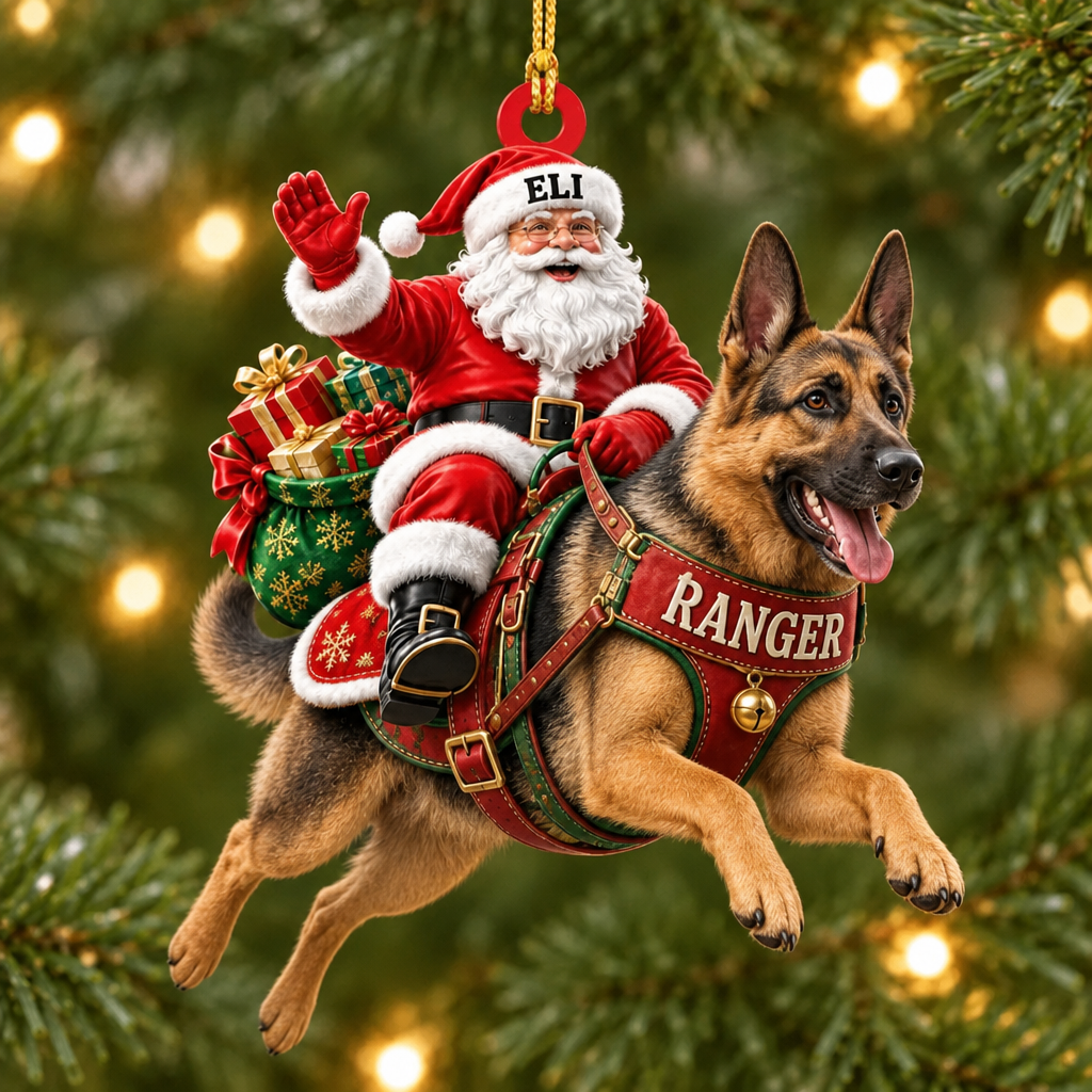 Flying High With Santa – Custom Name Dog Ornament