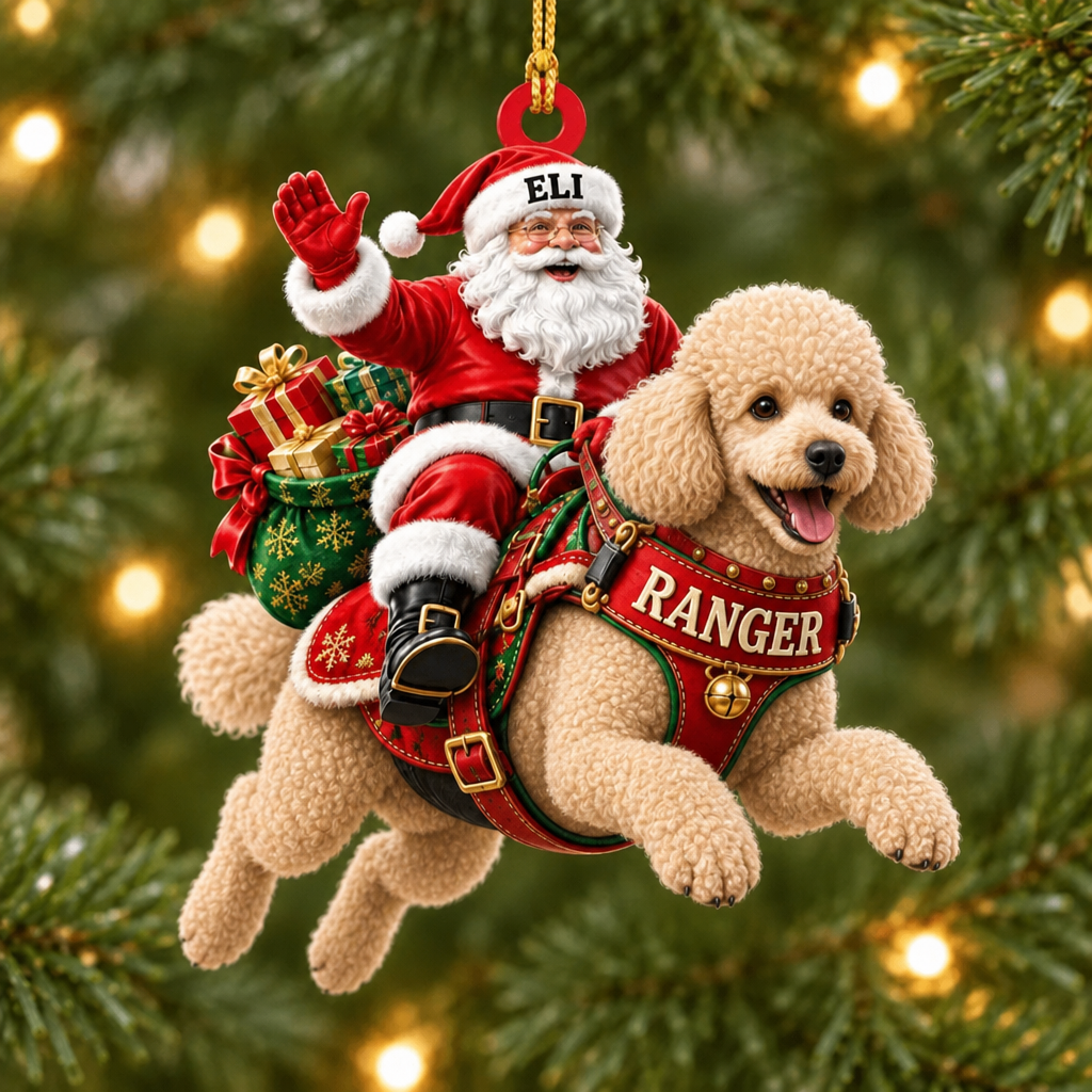 Flying High With Santa – Custom Name Dog Ornament
