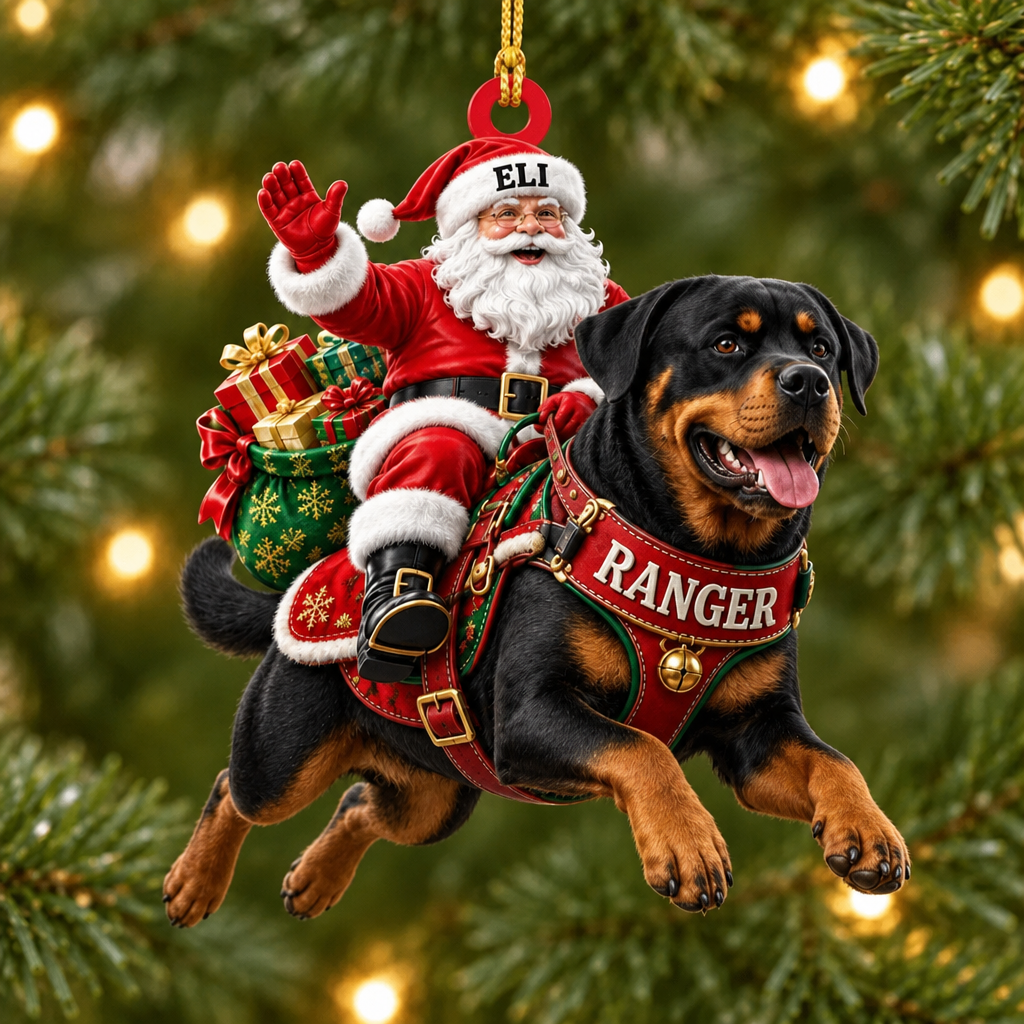 Flying High With Santa – Custom Name Dog Ornament