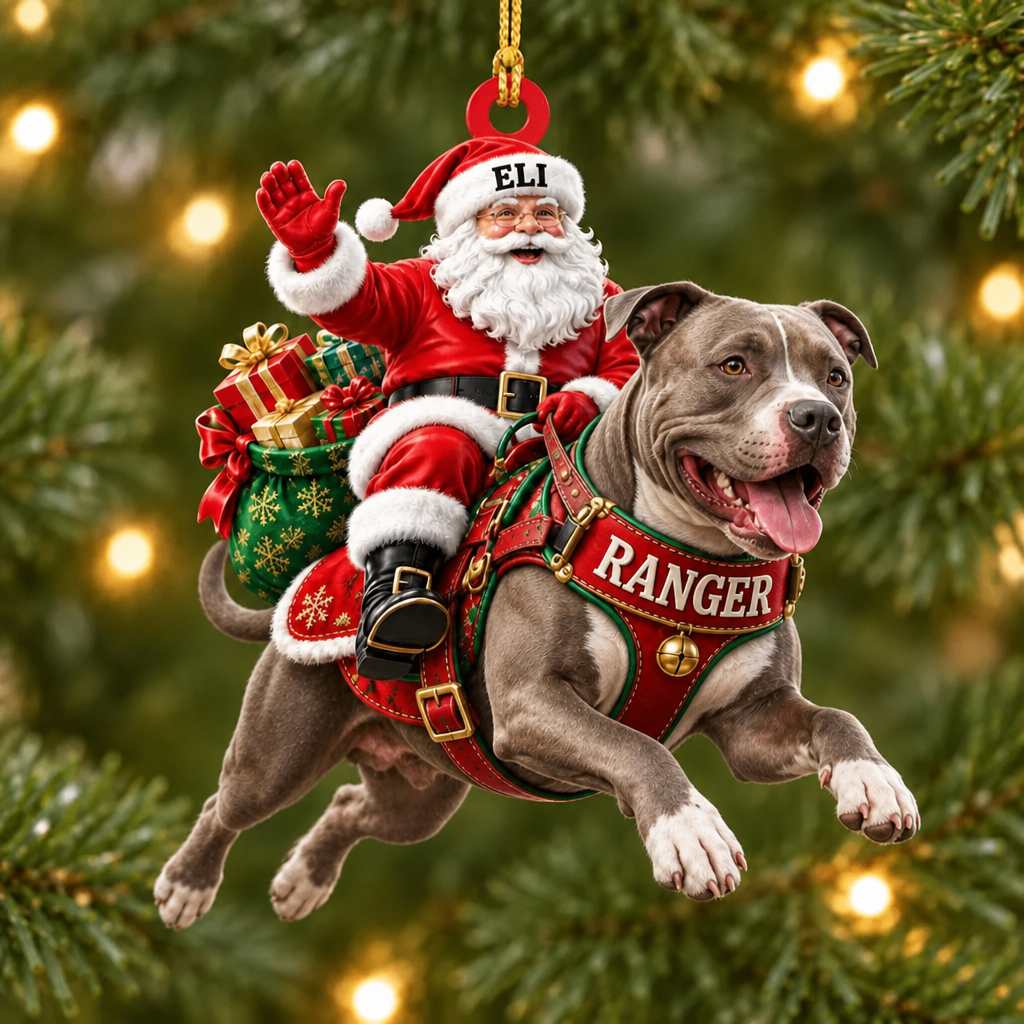 Flying High With Santa – Custom Name Dog Ornament