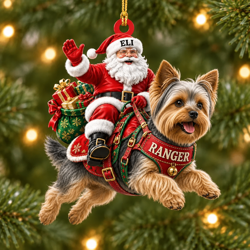 Flying High With Santa – Custom Name Dog Ornament