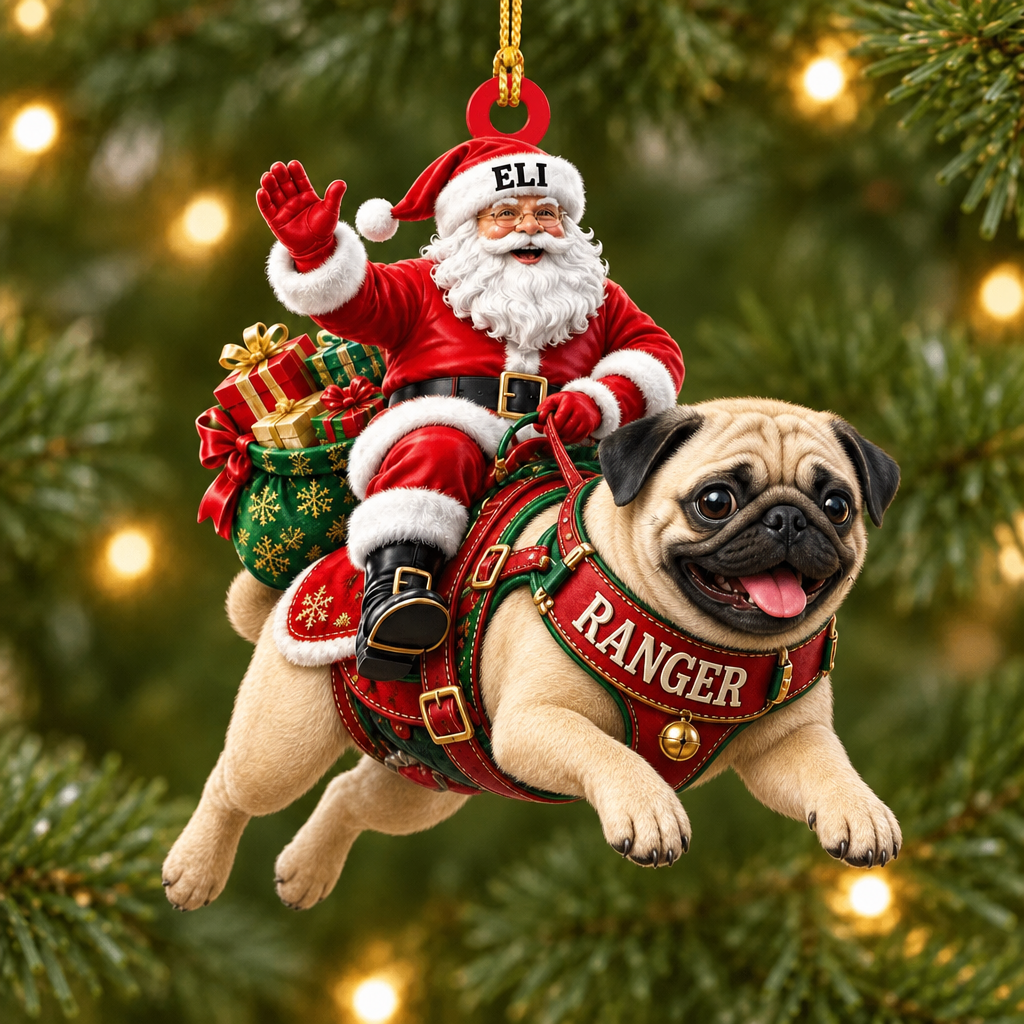 Flying High With Santa – Custom Name Dog Ornament