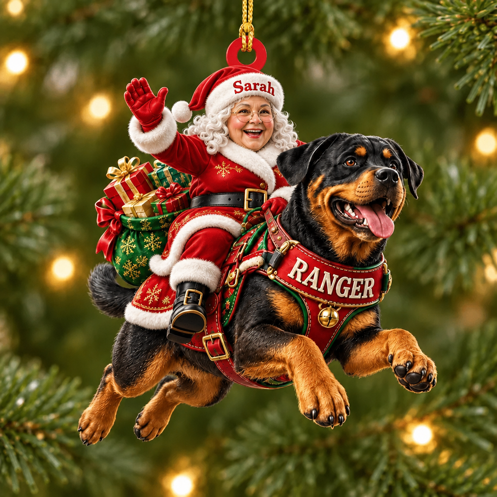 Flying High With Mrs. Claus – Custom Name Dog Ornament