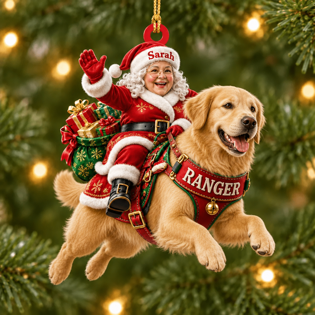 Flying High With Mrs. Claus – Custom Name Dog Ornament