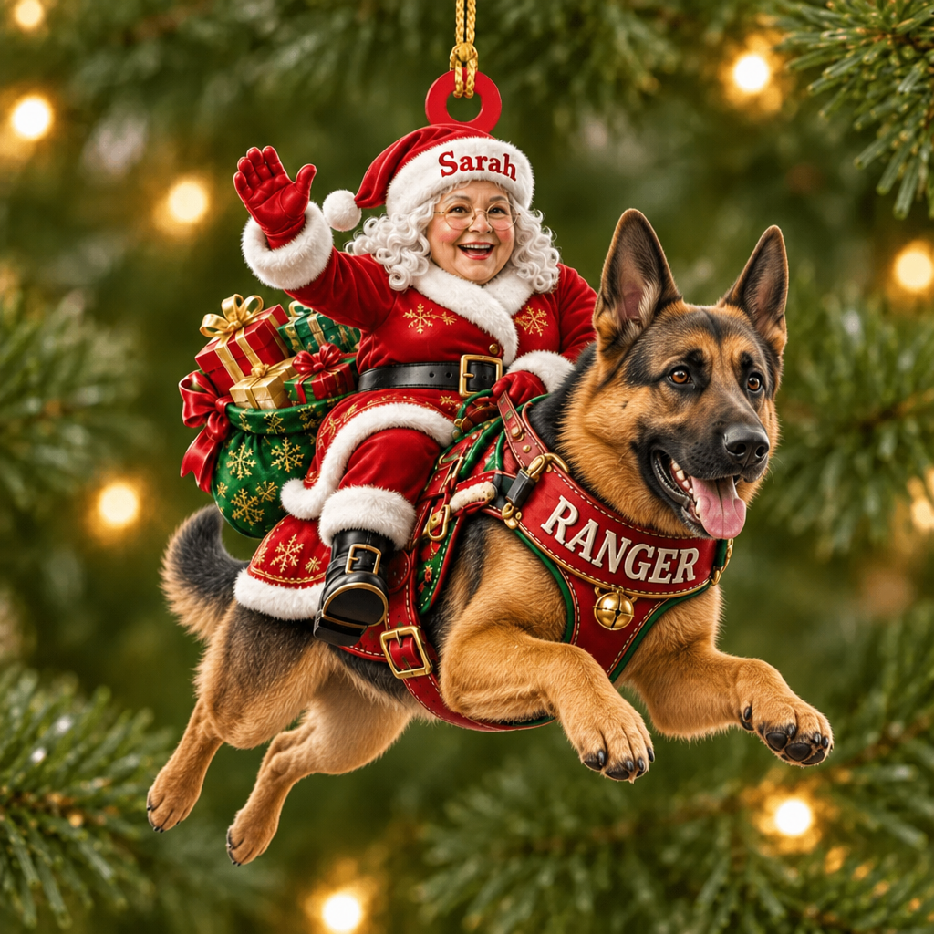 Flying High With Mrs. Claus – Custom Name Dog Ornament