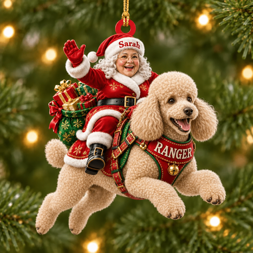 Flying High With Mrs. Claus – Custom Name Dog Ornament