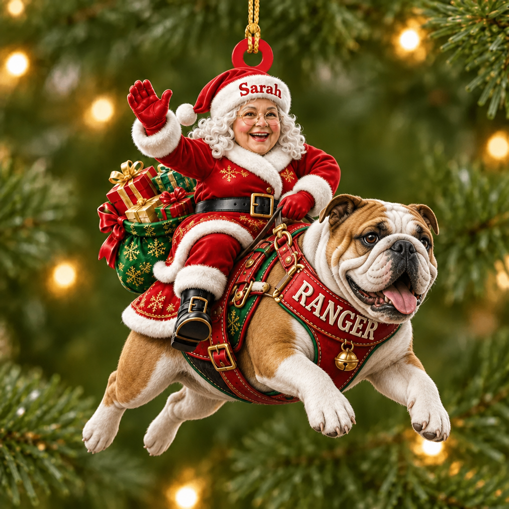 Flying High With Mrs. Claus – Custom Name Dog Ornament