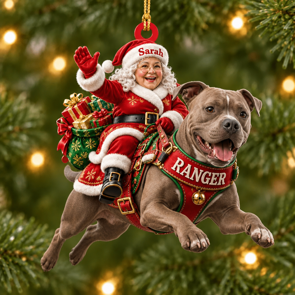 Flying High With Mrs. Claus – Custom Name Dog Ornament