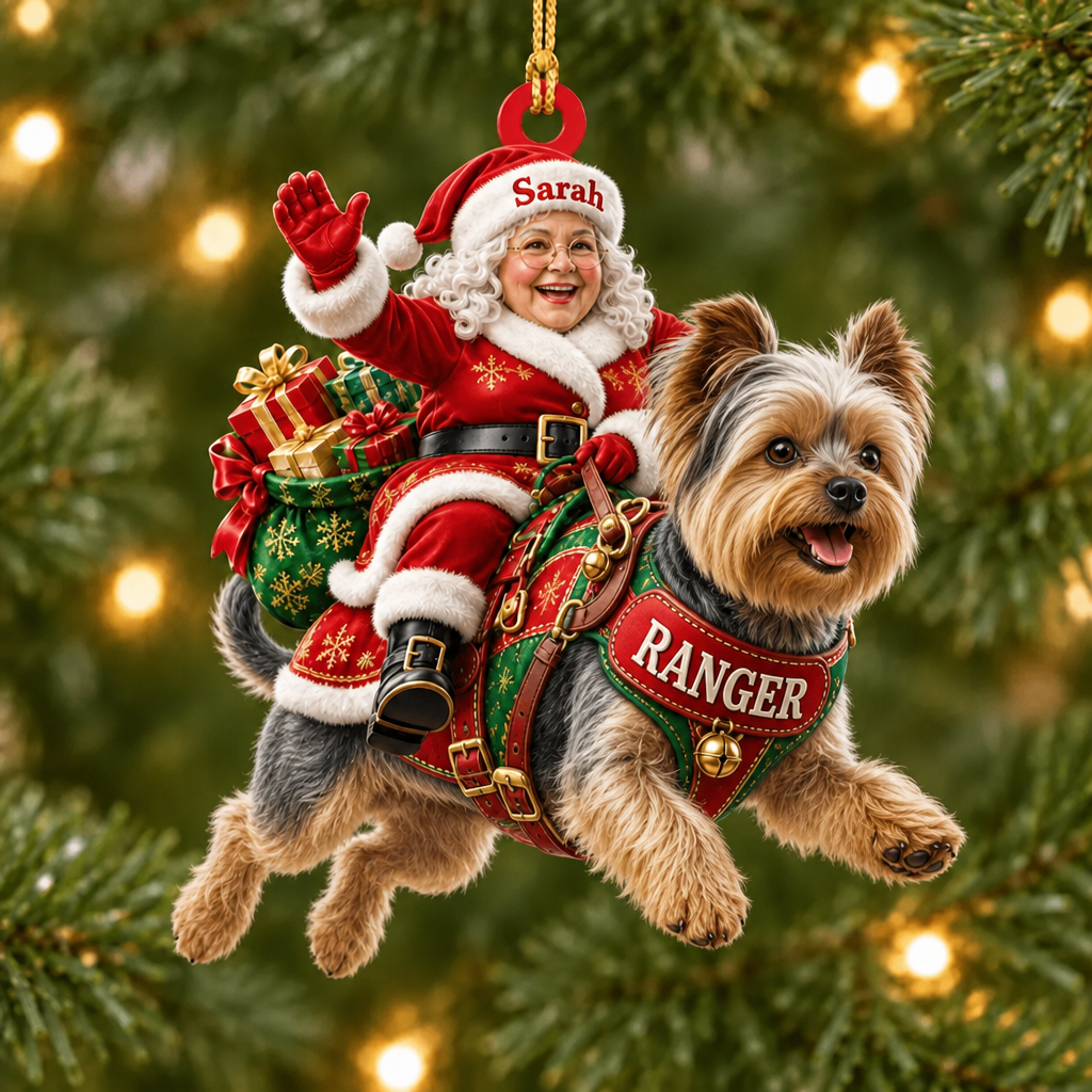 Flying High With Mrs. Claus – Custom Name Dog Ornament