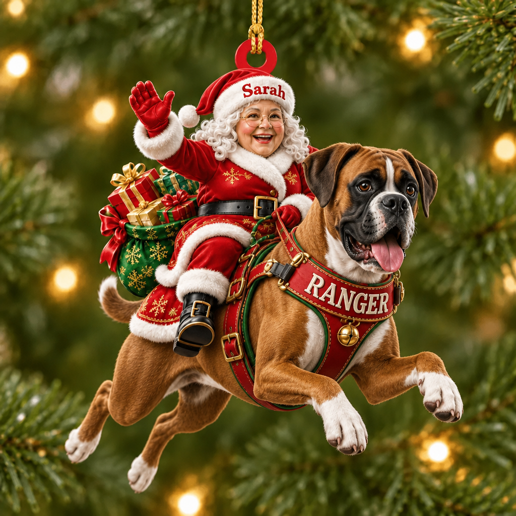Flying High With Mrs. Claus – Custom Name Dog Ornament