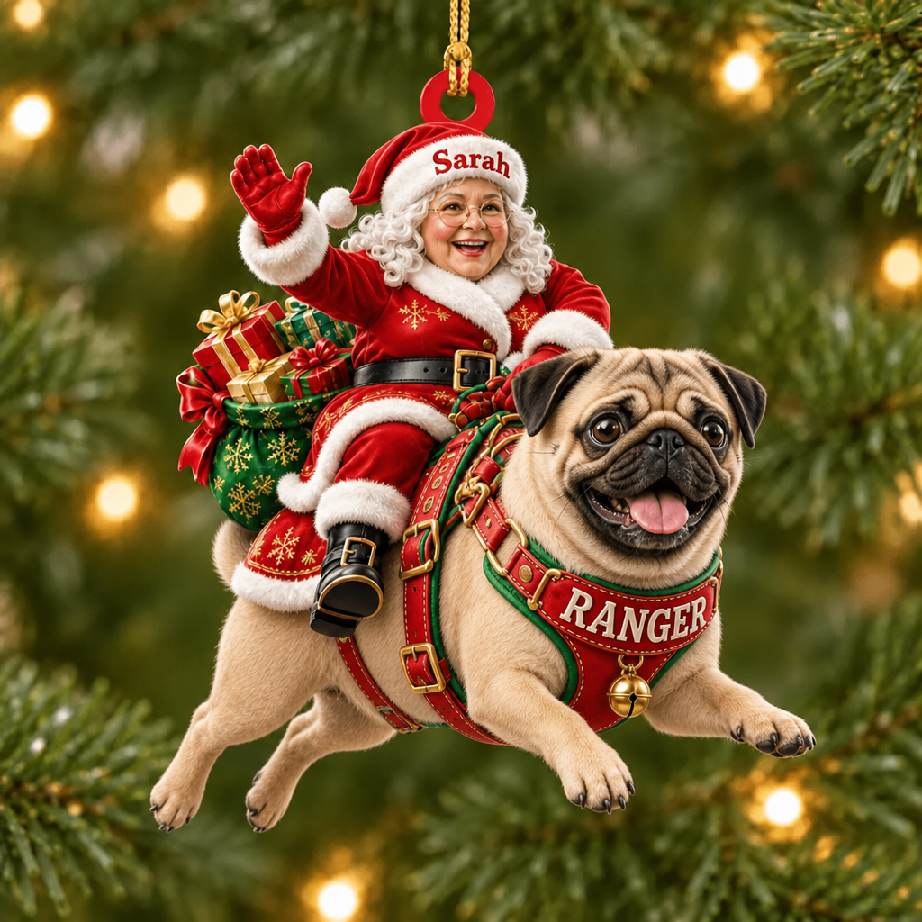 Flying High With Mrs. Claus – Custom Name Dog Ornament