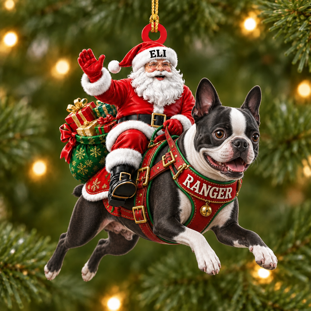 Flying High With Santa – Custom Name Dog Ornament