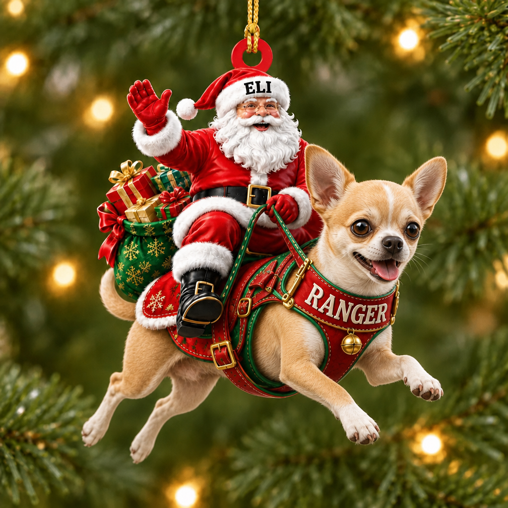Flying High With Santa – Custom Name Dog Ornament