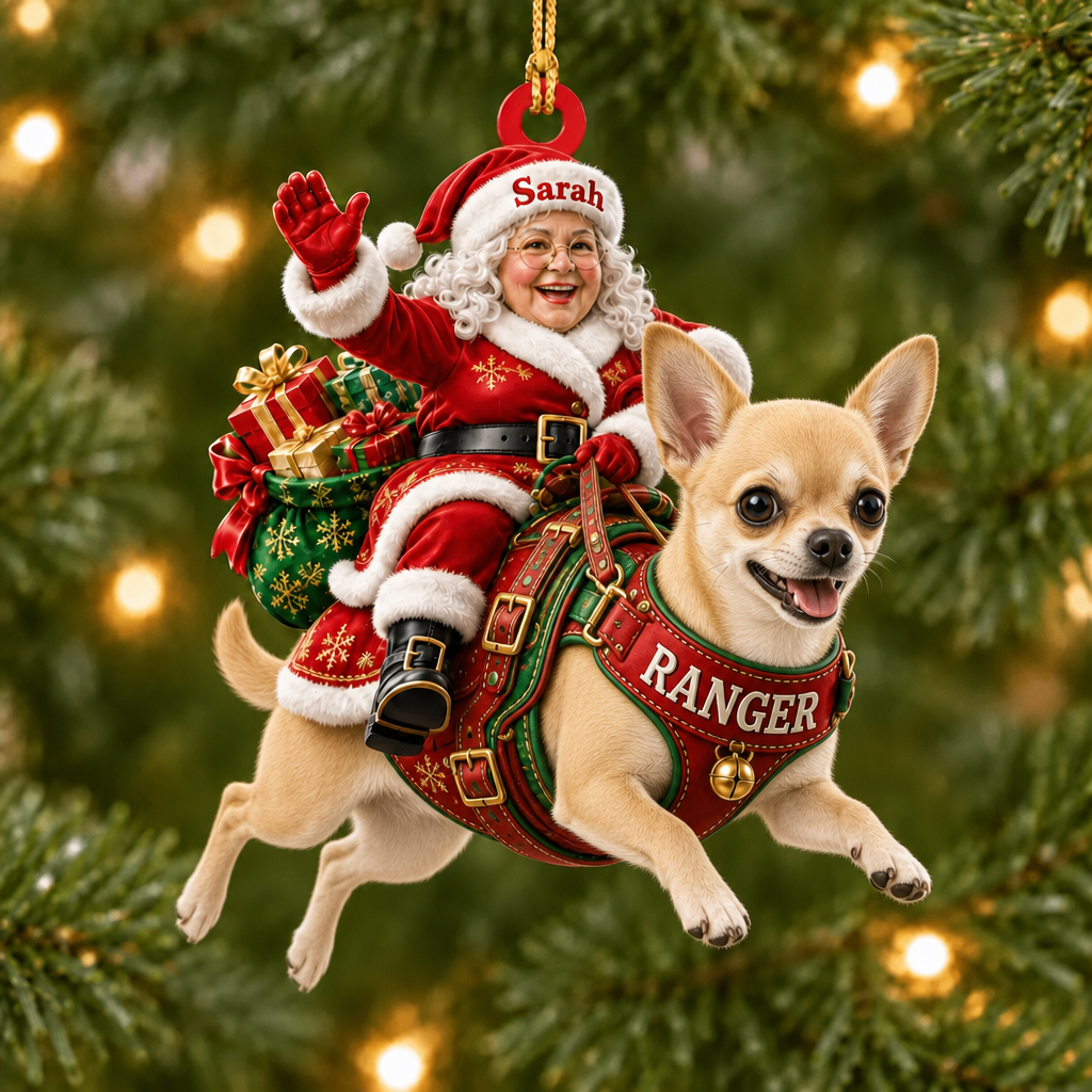 Flying High With Mrs. Claus – Custom Name Dog Ornament