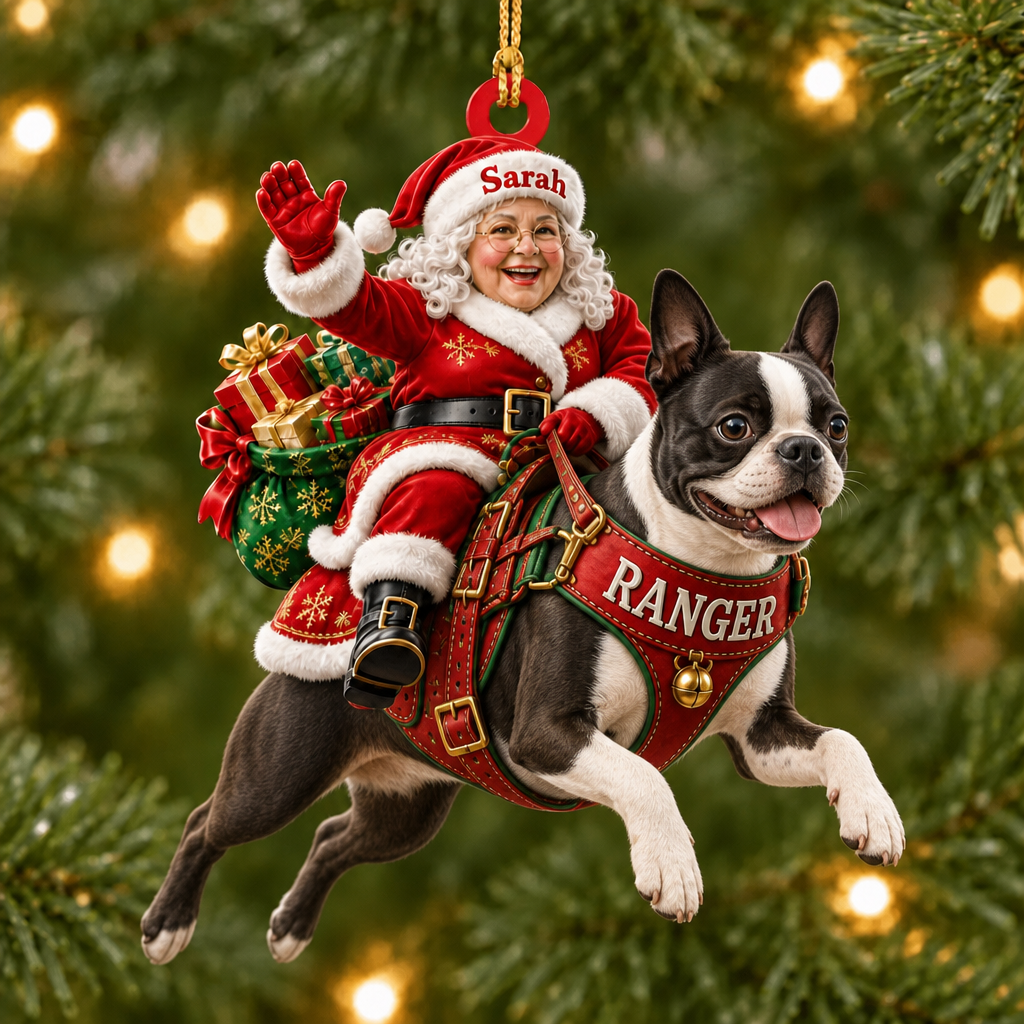 Flying High With Mrs. Claus – Custom Name Dog Ornament