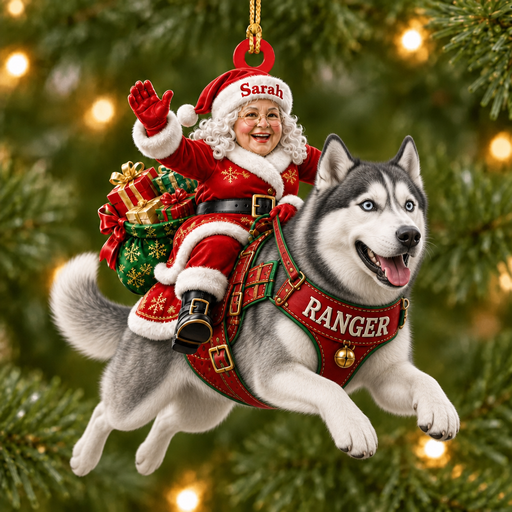 Flying High With Mrs. Claus – Custom Name Dog Ornament