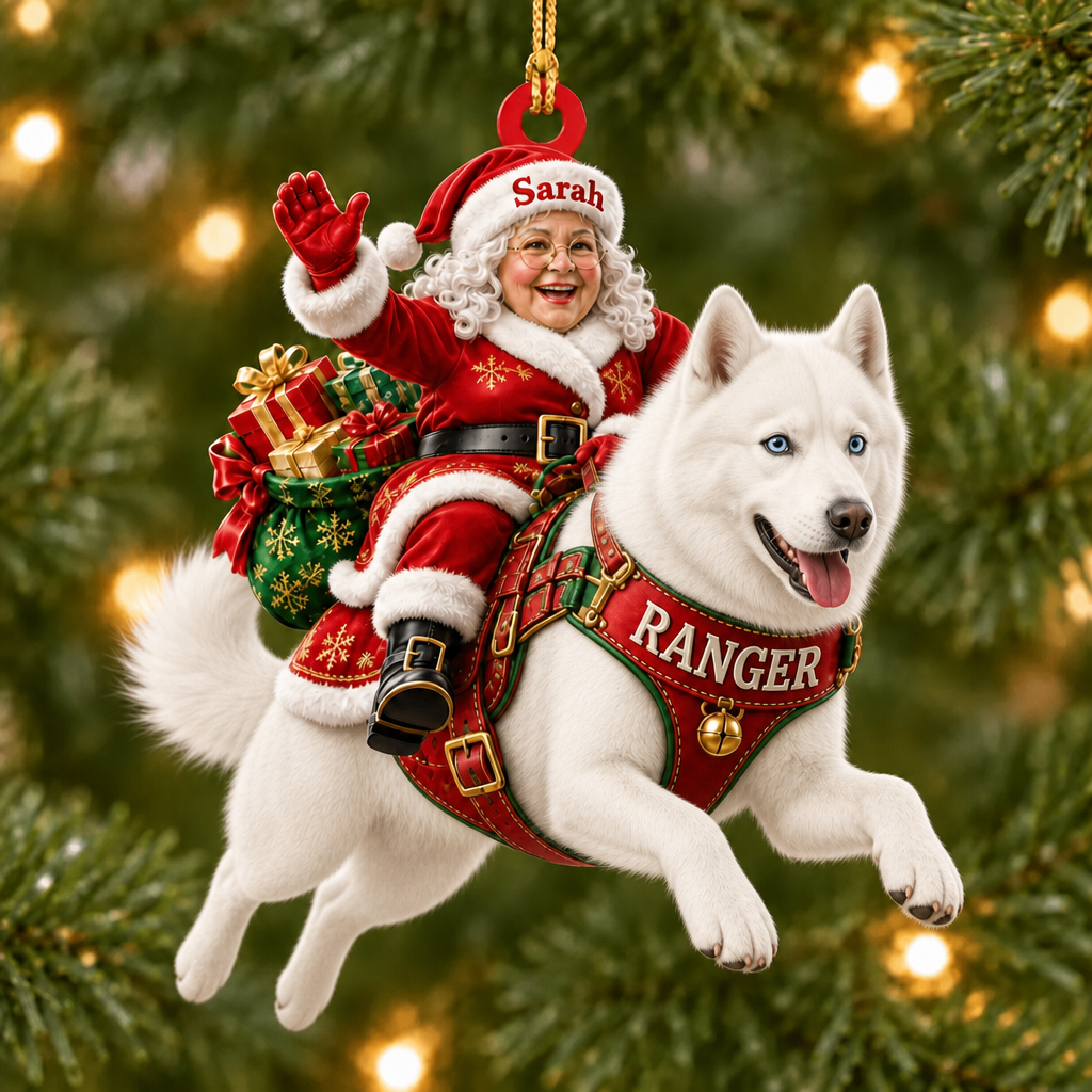Flying High With Mrs. Claus – Custom Name Dog Ornament