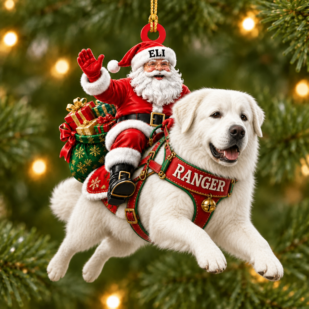 Flying High With Santa – Custom Name Dog Ornament