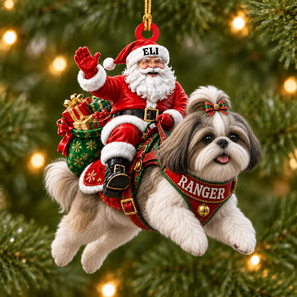 Flying High With Santa – Custom Name Dog Ornament