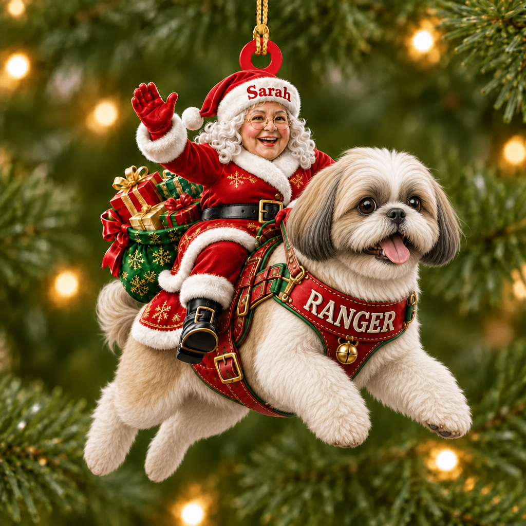 Flying High With Mrs. Claus – Custom Name Dog Ornament