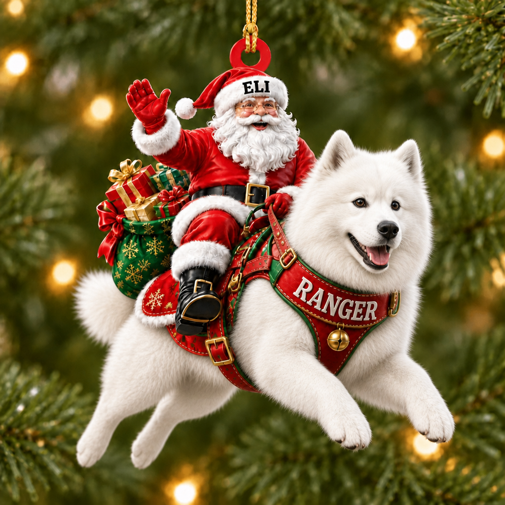 Flying High With Santa – Custom Name Dog Ornament