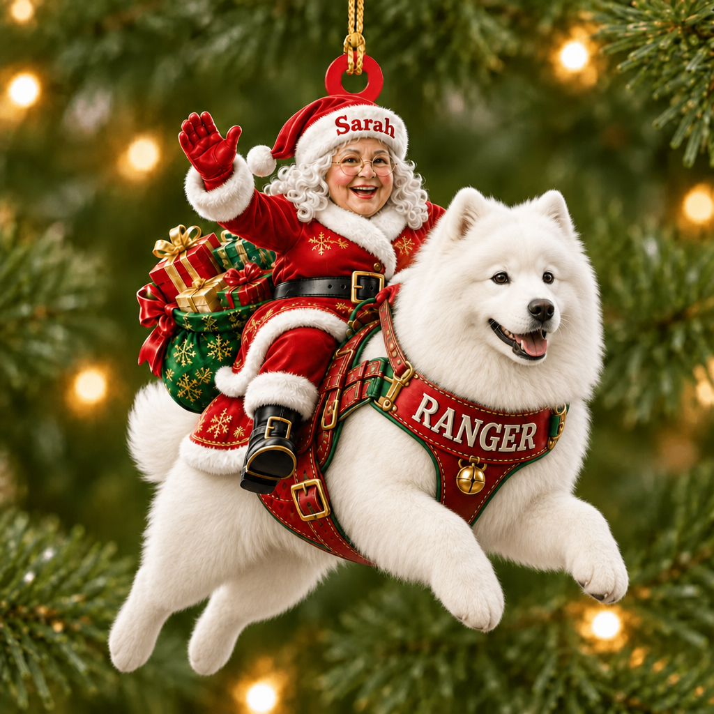Flying High With Mrs. Claus – Custom Name Dog Ornament