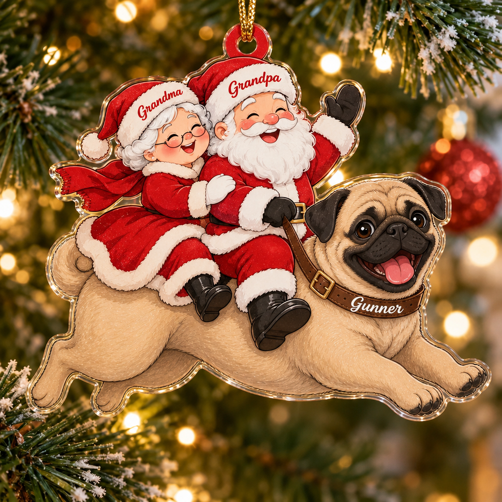 Santa and Mrs Claus Custom Name Dog Ornament