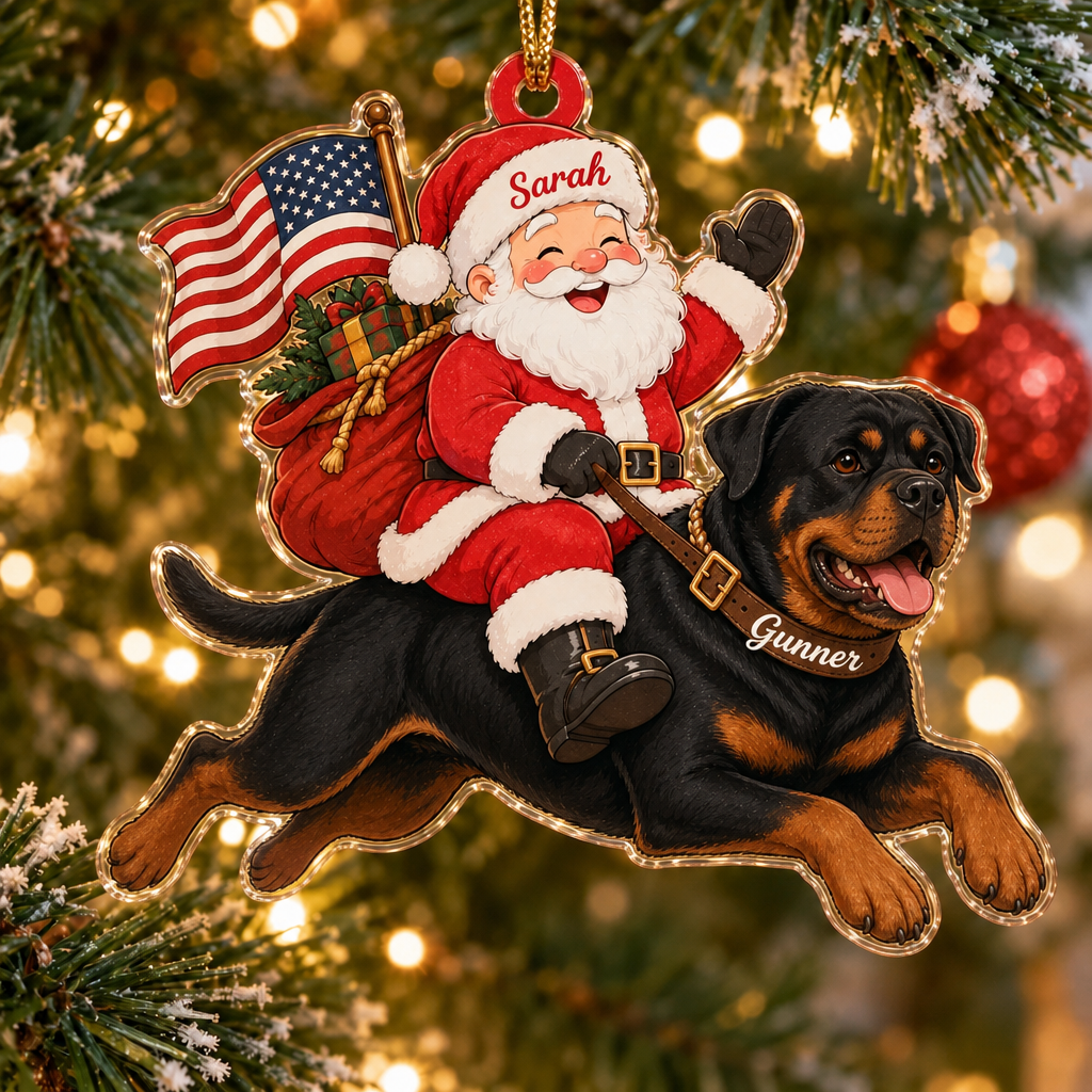 Stars and Stripes Santa Custom Name Dog Ornament
