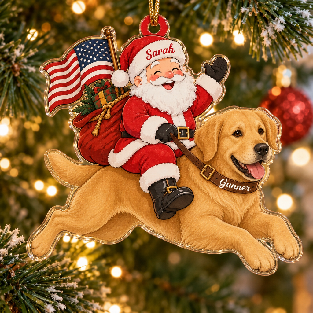 Stars and Stripes Santa Custom Name Dog Ornament