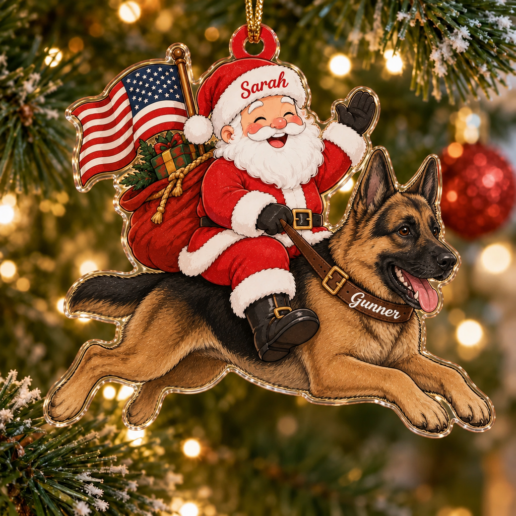 Stars and Stripes Santa Custom Name Dog Ornament