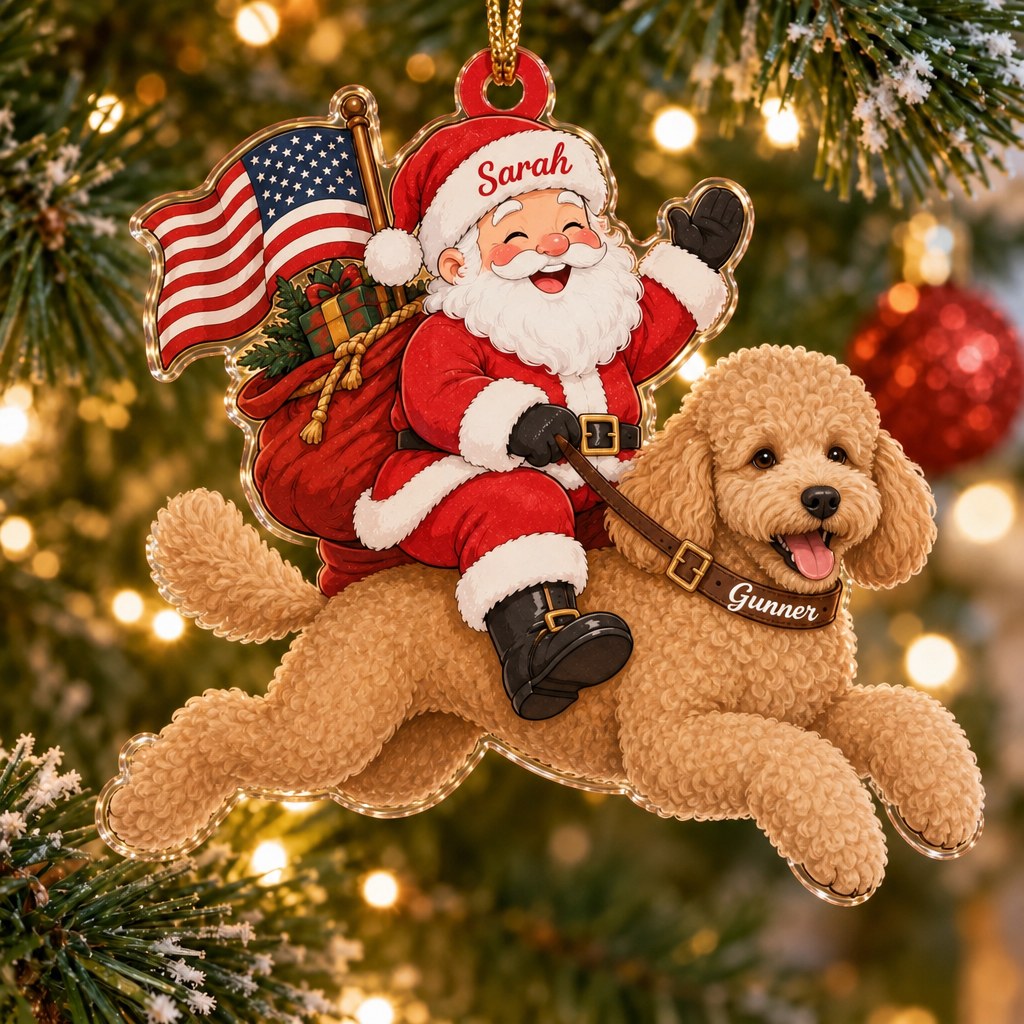Stars and Stripes Santa Custom Name Dog Ornament