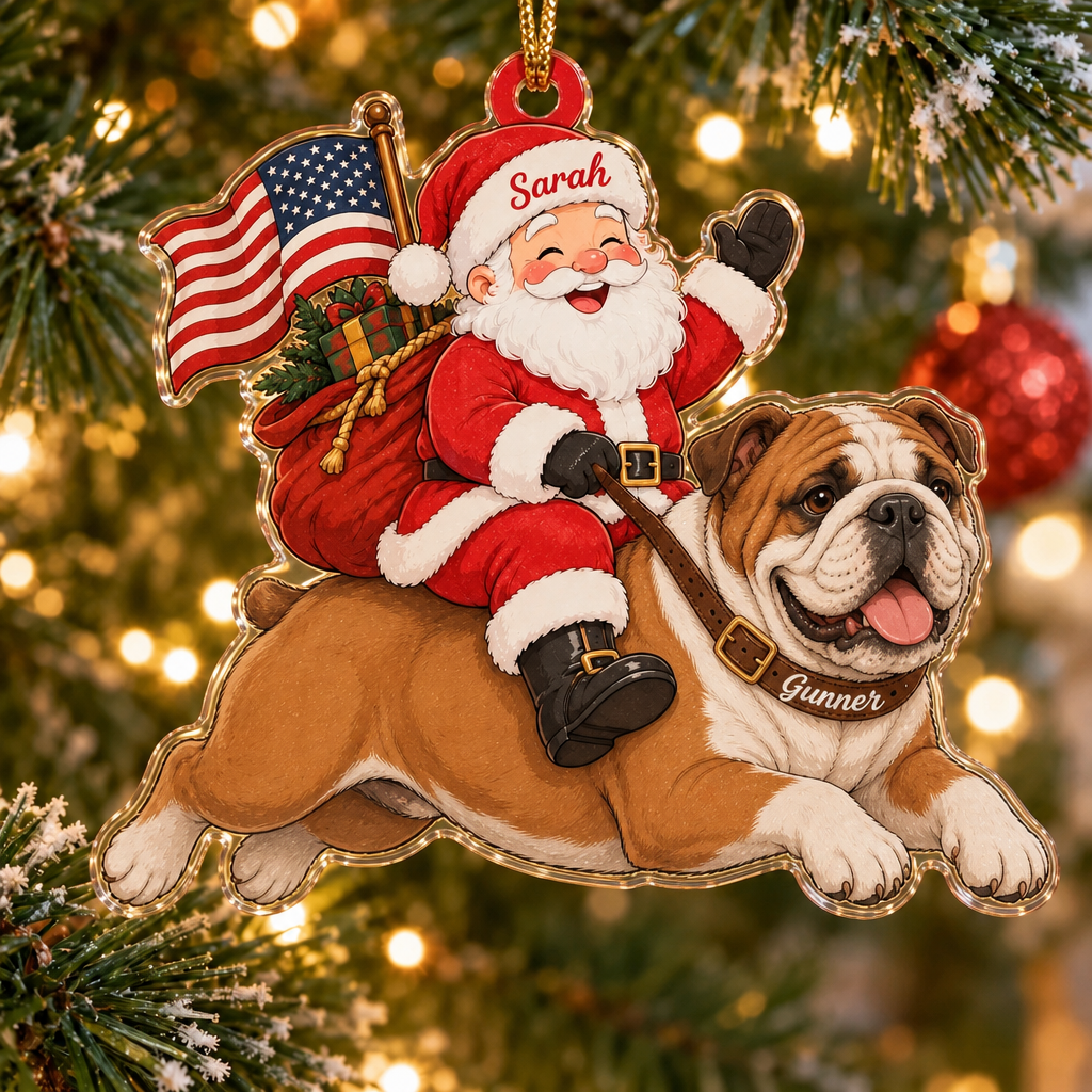Stars and Stripes Santa Custom Name Dog Ornament