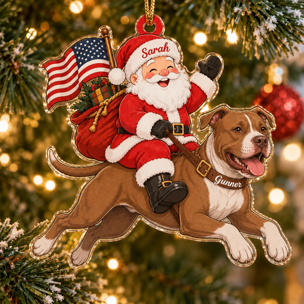 Stars and Stripes Santa Custom Name Dog Ornament