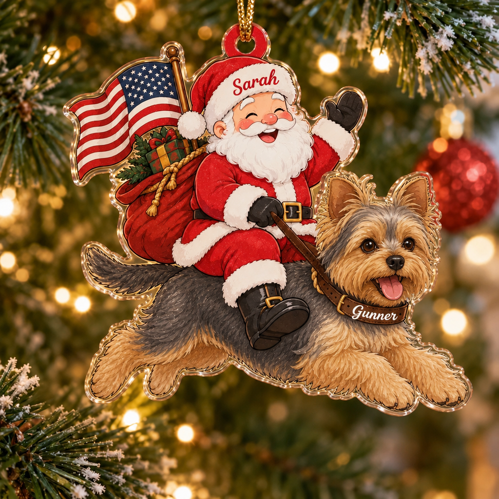 Stars and Stripes Santa Custom Name Dog Ornament