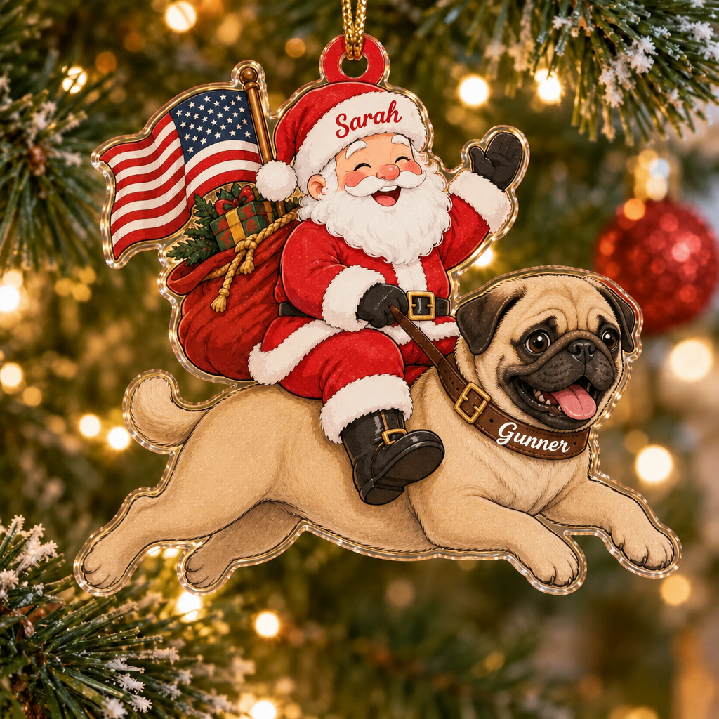 Stars and Stripes Santa Custom Name Dog Ornament