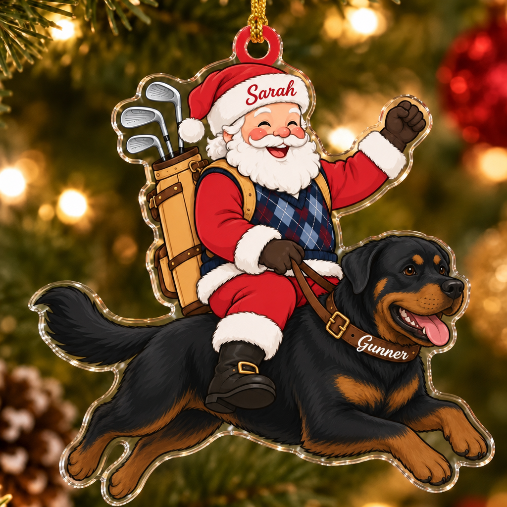 Golfing Santa Custom Name Dog Ornament