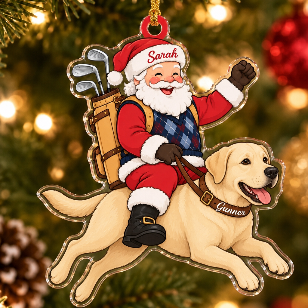 Golfing Santa Custom Name Dog Ornament